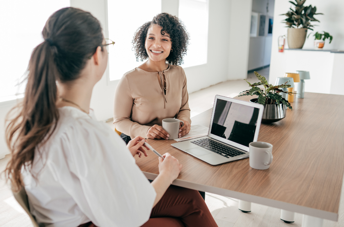 Female in an interview discussion